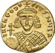 No. 829: THEODOSIUS III, 715-717. Solidus. MIB 1. DOC 1. Füeg 1.B.4. FDC. Estimate: 3,500 EUR. Final Price: 9,315 EUR.