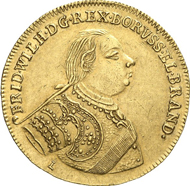No. 3246: BRANDENBURG / PRUSSIA. Frederick Wilhelm I, 1713-1740. 5 ducats 1721, Berlin. To the homage in Stettin. Fr. 2352. Extremely rare. Extremely fine. Estimate: 20,000 EUR. Final Price: 29,900 EUR.