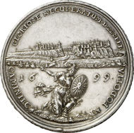 No. 4185: POLAND. Frederick August I of Saxony (Augustus II), 1697-1733. Medal 1699 by M. H. Omeis of the capture of the fortress of Kamieniec-Podolsk. Hutten-Cz. 2614. Very rare. Nearly extremely fine. Estimate: 4,000 EUR. Final Price: 8,050 EUR.