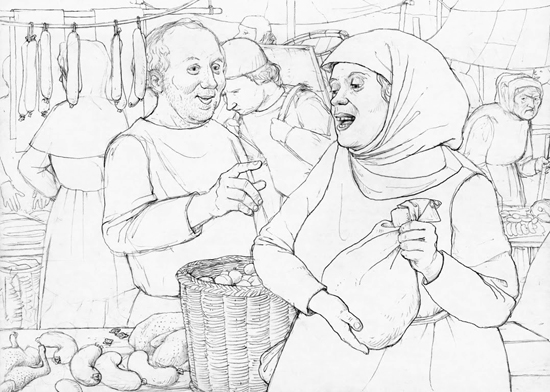1335. An out of town buyer tries to pay for his purchases at the market in Zurich. Drawn by Dani Pelagatti / Atelier bunterhund. Copyright MoneyMuseum Zurich.