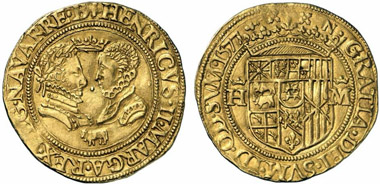 Henry II and his wife Margarete of Navarre. Double ducat of Henry VI from 1577 in honour of his grandparents. From Künker auction 218 (2012), 5149. Photo: KW.