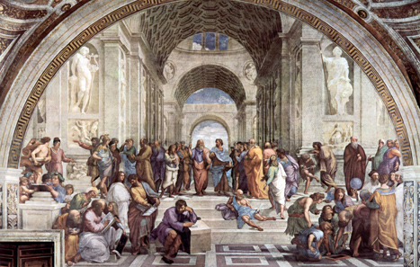 The School of Athens, fresco by Raffaello Sanzio (1511). Socrates is the man in the second line wearing brown clothes and making gestures. Source: Wikipedia.