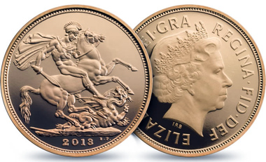 The 2013 Sovereign: Great Britain / .9167 gold / 7.98 g / 22.05 mm / Design: Ian Rank-Broadley FRBS (obverse), Benedetto Pistrucci (reverse) / Mintage: 10,295.