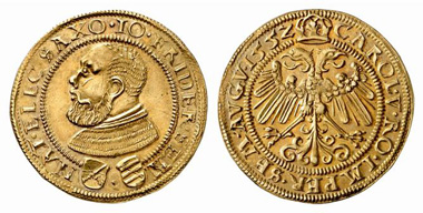 John Frederick I 'The Magnanimous' when he was still a duke, 1552-1554. Double gulden, 1552, Saalfeld. From Künker auction 100 (2005), 451.