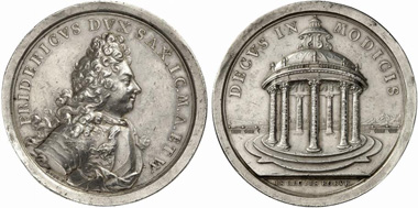 Frederick II. Silver medal from 1703 by J. C. Koch to commemorate the duke's virtues: equity, piety, charisma, wisdom, moderation, bravery and benevolence. From Künker auction 211 (2012), 3478.