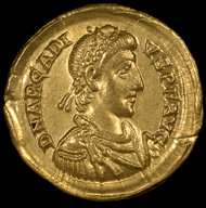 One of the solidi issued for Arcadius from the western mint of Milan. (c) St Albans Museums Service.