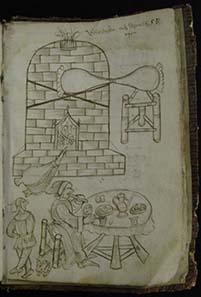 Picture of a melting furnace, in front of it a table with the dining master and his apprentice.