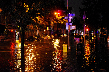 Hurricane Sandy caused dramatic moments: Flooded Avenue C at East 6th Street in Manhattan's East Village neighborhood of Loisaida, moments before the Con Edison power substation on 14th Street and Avenue C blew up. Photo: David Shankbone / http://creativecommons.org/licenses/by/3.0/deed.en.