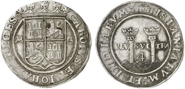 Charles V and Joanna of Castilia, 1504-1555. 4 Reales no year (1542/1555). The inscription refers to the unity of Spain and the dominion in the New World: