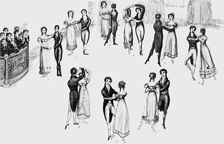 Detail from frontispiece to Thomas Wilson's Correct Method of German and French Waltzing (1816), showing nine positions of the Waltz, clockwise from the left (the musicians are at far left). At that time, the Waltz was a relatively new dance in England, and the fact that it was a couples dance (as opposed to the traditional group dances), and that the gentleman actually clasped his arm around the lady's waist, gave it a dubious moral status in the eyes of some. Source: Wikipedia.