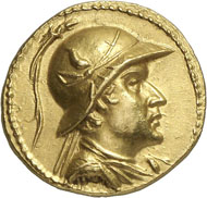 286: Eucratides (Bactria), 171-135. Gold stater, Merv. Mitch. Type 176var. Oikonomedes (1968), Group B. Rare and extremely fine. Estimate: 100,000 CHF. Hammer price: 170,000 CHF.