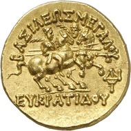 286: Eucratides (Bactria), 171-135. Gold stater, Merv. Mitch. Type 176var. Oikonomedes (1968), Group B. Rare and extremely fine. Estimate: 100,000 CHF. Hammer price: 170,000 CHF.