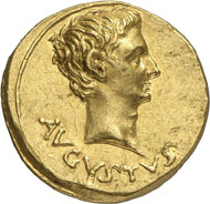 321: Augustus, 27 BC-14 AD. Aureus, 19-18, Pergamum. RIC cf. 82, 511var. Calicó 157 (same dies). Rare. Extremely fine. Estimate: 75,000 CHF. Hammer price: 240,000 CHF.