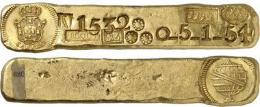 965: Brazil. Maria I, 1786-1805. Gold ingot 1792, Sabara. Gomes 30.01. An exceptional specimen. Extremely fine. Estimate: 150,000 CHF. Hammer price: 280,000 CHF.