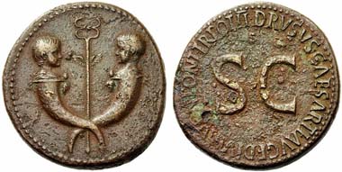 433: Tiberius. Sestertius, 22-23. Av. Busts of Tiberius Gemellus and Germanicus on cornucopiae. RIC 42. Rare. Reddish brown patina. Rv. slightly corroded. Nearly extremely fine / very fine. Starting price: 300 euros. Hammer price: 4,000 euros.