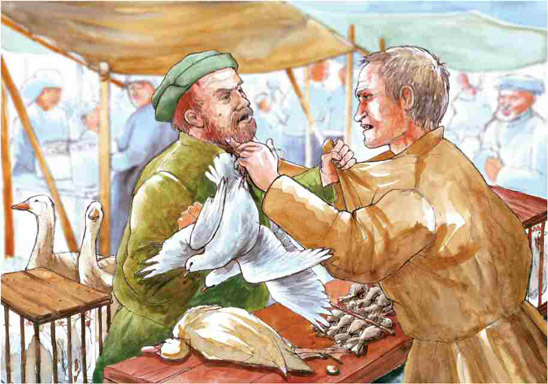 Autumn 1526. A citizen of Zurich and a citizen of Lucerne close a deal at the market of Baden. Drawn by Dani Pelagatti / Atelier bunterhund. Copyright MoneyMuseum Zurich.