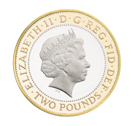 Great Britain / 2 GBP / Cupro-nickel (alloy inner), nickel-brass (alloy outer) / 12.00 g / 28.40 mm / Design: Edward Barber and Jay Osgerby (reverse), Ian Rank-Broadley FRBS (obverse) / Mintage: Unlimited