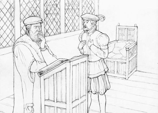 Late summer 1568. A clerk of the chancellery in Innsbruck informs Hans Vogler the Younger about the amount of money Emperor Maximilian II owes him for constructing his rolling mill. Drawn by Dani Pelagatti / Atelier bunterhund. Copyright MoneyMuseum Zurich.