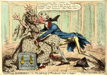 'The Old Lady of Threadneedle Street in Danger!' The 'Old Lady' is a thin old harridan, dressed entirely in 'One' pound notes, and seated on an iron-studded treasure-chest inscribed 'Bank of England', fastened by two heavy padlocks; print made by James Gillray; 1797; hand-coloured etching.