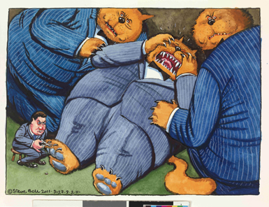 Bank Levy by Steven Bell; ink and watercolour drawing, UK, 2011; This fat cat is having its claws clipped by the chancellor of the exchequer, George Osborne, in reference to a planned increase in taxation on banks. Depicting bankers as fat cats in suits is a popular theme among satirists.