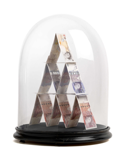 House of Cards: Sculpture by Justine Smith, a London based artist entitled 'House of Cards'; The artist has stacked genuine UK GBP10, GBP20 and GBP50 notes instead of the playing cards, symbols of gambling, that typically make up a house of cards © Justine Smith 2012.