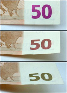 Colour change of a 50 euro banknote if tilted. Source: Anton / Wikipedia.