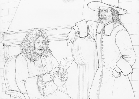 December 1701. Hans Jakob IV. Volmar, executioner and knacker of Zurich, presents his semi-annual invoice to the treasurer. Drawn by Dani Pelagatti / Atelier bunterhund. Copyright MoneyMuseum Zurich.