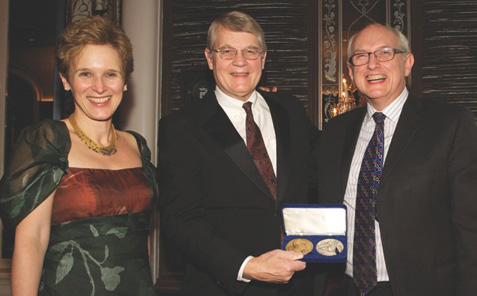 From left: Ute Wartenberg Kagan, ANS Executive Director; Gala Honoree Richard Witschonke, recipient of a Distinguished Service Award; and Andrew Burnett, Deputy Director, The British Museum. Photo: Alan Roche. Courtesy American Numismatic Society