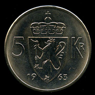 5-kroner coin 1963. Photo: www.skanfil.no.