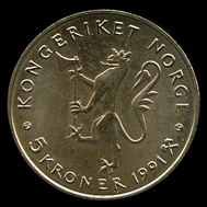 5-kroner coin 1991. Photo: www.skanfil.no.