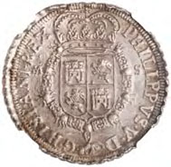 Spain. Philip V. AR 8 reales, Seville, 1701, assayer mark on left, mint mark on right. MS64. Only two specimens are known, of which this is the finest. (From HAS Huntington collection-1001.1.2560) (ANS 2013.7.2, purchase) 36mm