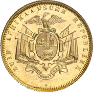 Lot 162: SOUTH AFRICA. Republic of South Africa. Pound 1874. Fb. 1 a. Splendid specimen, mintage: only 174 specimens. From Hirsch Mynthandel 19 (1981), 333. About mint state. Estimate: 30,000 euros. Hammer price: 110,000 euros.
