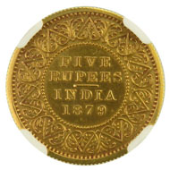 1428: BRITISH INDIA: Victoria, Empress, 1876-1901, AV 5 rupees, 1879(b), KM-494, Y-A25, proof restrike, NGC graded Proof 62, ex. John Page Collection. Estimate $7,000-9,000. Realized $9,500.