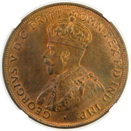 2105: AUSTRALIA: George V, 1910-1936, AE penny, 1920, KM-23, dot below bottom scroll variety, NGC graded MS65 RB. Estimate $7,000-9,000. Realized $10,000.