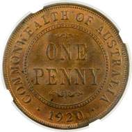 2105: AUSTRALIA: George V, 1910-1936, AE penny, 1920, KM-23, dot below bottom scroll variety, NGC graded MS65 RB. Estimate $7,000-9,000. Realized $10,000.