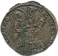 Today the forgery has lost its plating of precious metal and shows (left) its core of base metal in contrast to genuine coins (right).