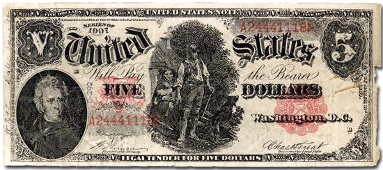 Counterfeit 5 dollar bill produced by the 'Black Hand'.