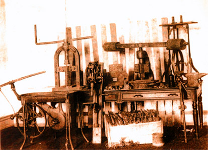 The money press in the illegal workshop of the 'Black Hand' in Calhoun Farm nearby New York.