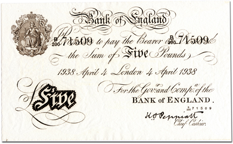 Counterfeit 5 pound note.