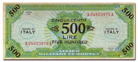 Counterfeit 50 lire banknote of the allied military currency during WWII.