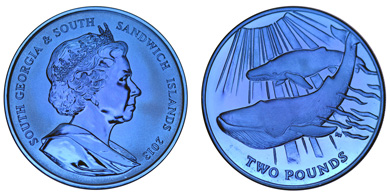 South Georgia & South Sandwich Islands / 2 GPB / blue titanium .990 / 10g / 36.10mm / Mintage: 5,000.