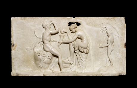 Satyr and maenads, marble wall panel, From the House of the Dionysiac Reliefs, Herculaneum, 1st century AD. Copyright Soprintendenza Speciale per i Beni Archeologici di Napoli e Pompei / Trustees of the British Museum.