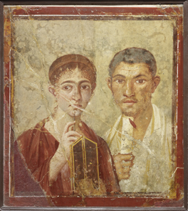 Wall painting of the baker Terentius Neo and his wife. From the House of Terentius Neo, Pompeii. AD 50 to 79. Copyright Soprintendenza Speciale per i Beni Archeologici di Napoli e Pompei / Trustees of the British Museum.