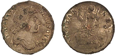 English coins having a copper square plug in tin base. Photo: Bi-Metallic Collectors Club.