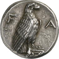 Olympia. Coin of the guardians of the Shrine of the Eleans (Peloponnesos). Stater, around 360 BC. Head of the bearded Zeus of Olympia with laurel wreath facing left. Reverse, Eagle sitting, facing right. © MoneyMuseum, Zürich.