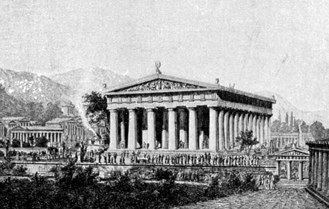 Reconstruction of the Temple of Zeus in Olympia, as it was imagined in former times. Source: Wilhelm Lübke / Max Semrau, Grundriß der Kunstgeschichte. Paul Neff Verlag, Esslingen, 14th edition. 1908.