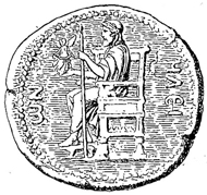 Statue of Zeus by Phidias, Redrawing of a coin from Elis. Source: Baumeister, Monuments of Classical Antiquity, vol. 3, 1888, p. 1316 / Wikipedia.