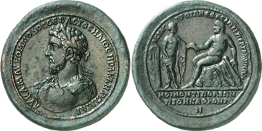 Pergamum. Commodus, 180-192. Medallion. Rev. Heracles sitting facing left, his hand reaching out to Auge. Gorny & Mosch 196 (2011), 3202. It's not clear whether this is a contemporary stamping or a modern-era imitation.