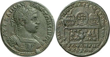 Pergamum. Elagabalus, 218-222. Rev. prize table with prize crowns. Gorny & Mosch 195 (2011), 332.