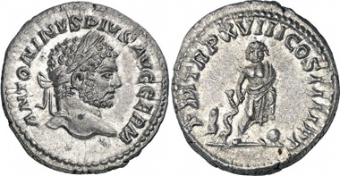Caracalla. Denarius, 215. Rev. Asclepius of Pergamum with Telesphorus and Omphalus. Gorny & Mosch (November 2010), 475.